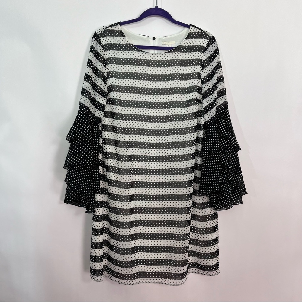 Cato Black and White Polka Dot Ruffle Bell Sleeves Tunic Top Sz Medium